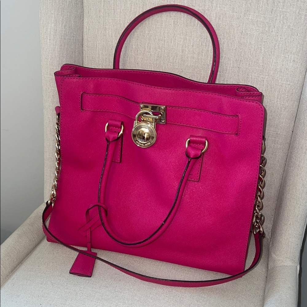 Michael Kors Hot Pink Leather Satchel with Gold Hardware